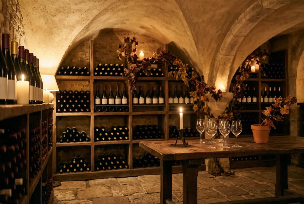 La cave et les dégustations — la cave voûtée, ses casiers et sa table de dégustation
