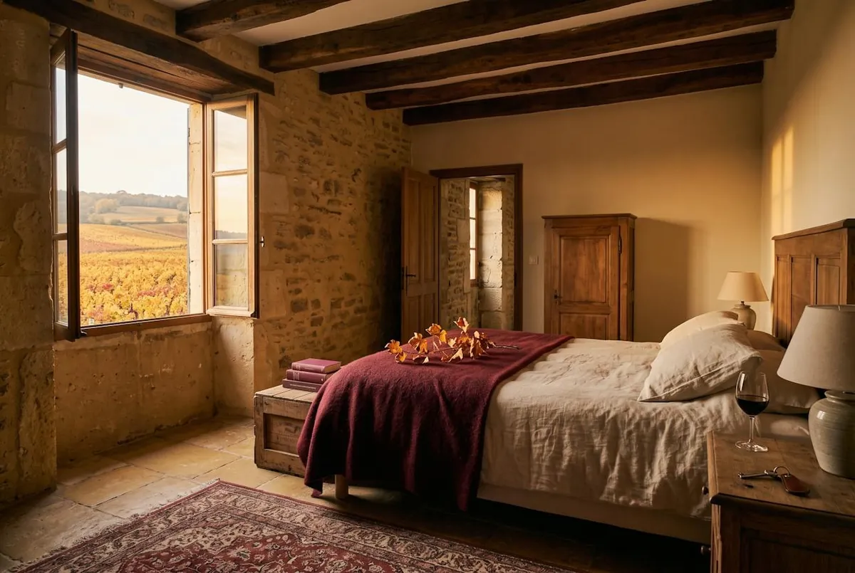 Chambre Vignes — la chambre Vignes, ses poutres et sa fenêtre sur les vignes