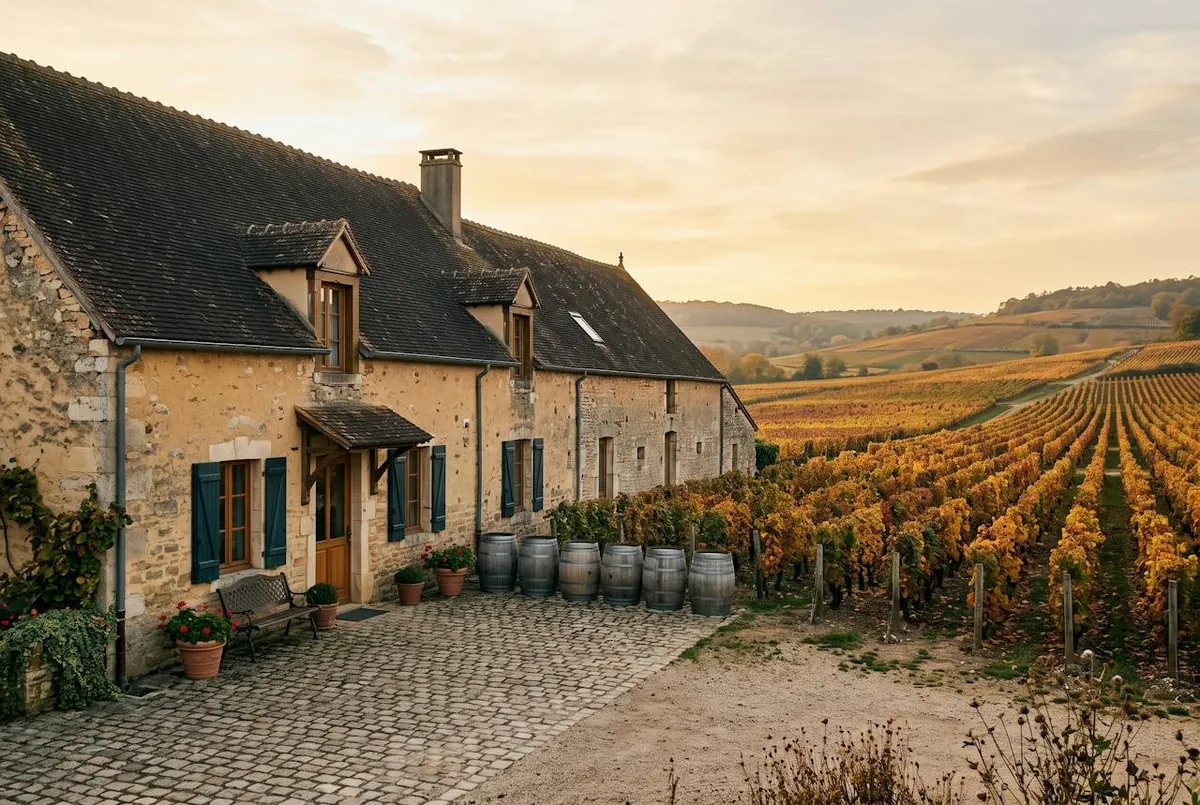 la maison de vigneron en pierre ocre, sa cour pavée et ses tonneaux, face aux vignes d'automne