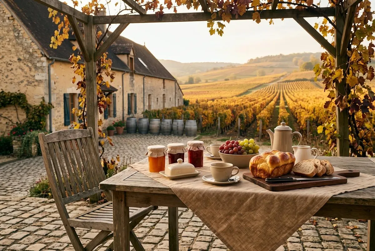 Le petit-déjeuner dans la cour — la table du petit-déjeuner sous la pergola, face aux vignes