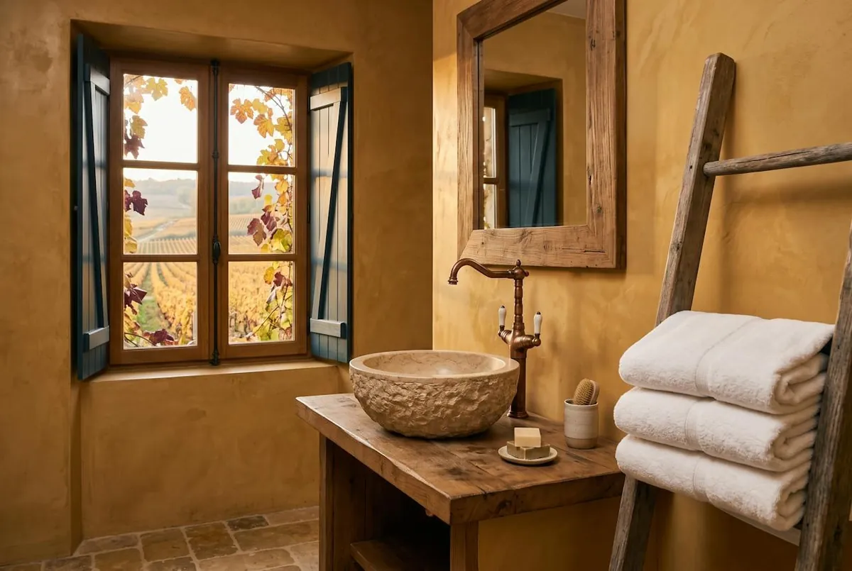 Chambre Cour — une salle de bain de la maison, vasque en pierre et volets ouverts sur les vignes